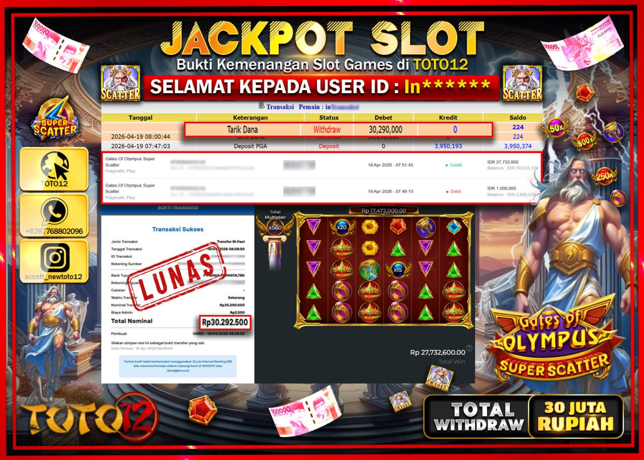 HANYA DI TOTO12 JP PASTI DI BAYAR LUNAS DAN CEPAT!!!!!! JACKPOT SLOT GAME (GATES OF OLYMPUS SUPER SCATTER) Rp.30.290.000!!!!