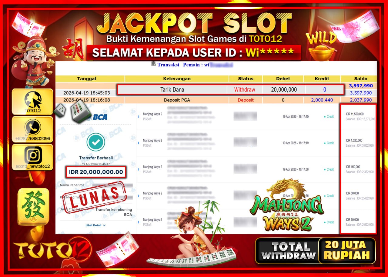 HANYA DI TOTO12 JP PASTI DI BAYAR LUNAS DAN CEPAT!!!!!! JACKPOT SLOT GAME (MAHJONG WAYS 2) Rp.20.000.000!!!!