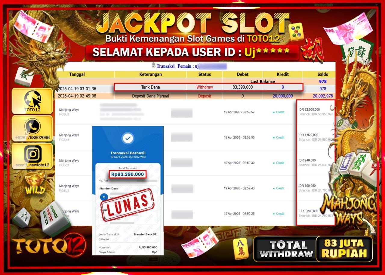 HANYA DI TOTO12 JP PASTI DI BAYAR LUNAS DAN CEPAT!!!!!! JACKPOT SLOT GAME (MAHJONG WAYS) Rp.83.390.000!!!!