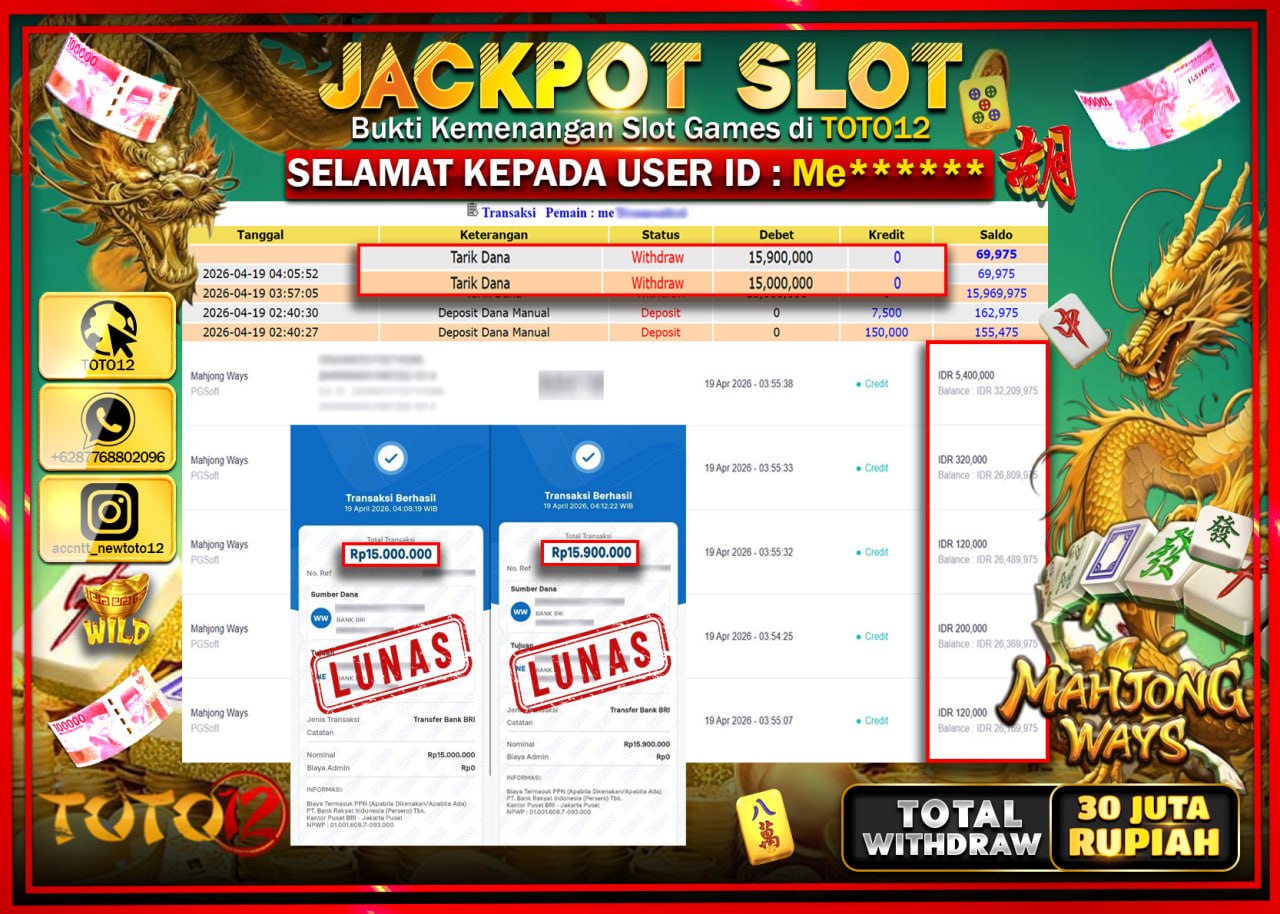 HANYA DI TOTO12 JP PASTI DI BAYAR LUNAS DAN CEPAT!!!!!! JACKPOT SLOT GAME (MAHJONG WAYS) Rp.30.900.000!!!!