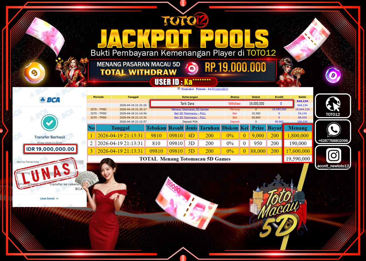 HANYA DI TOTO12 JP PASTI DI BAYAR LUNAS DAN CEPAT!!!!!! JACKPOT POOLS PASARAN(MACAU 5D) Rp.19.000.000!!!!