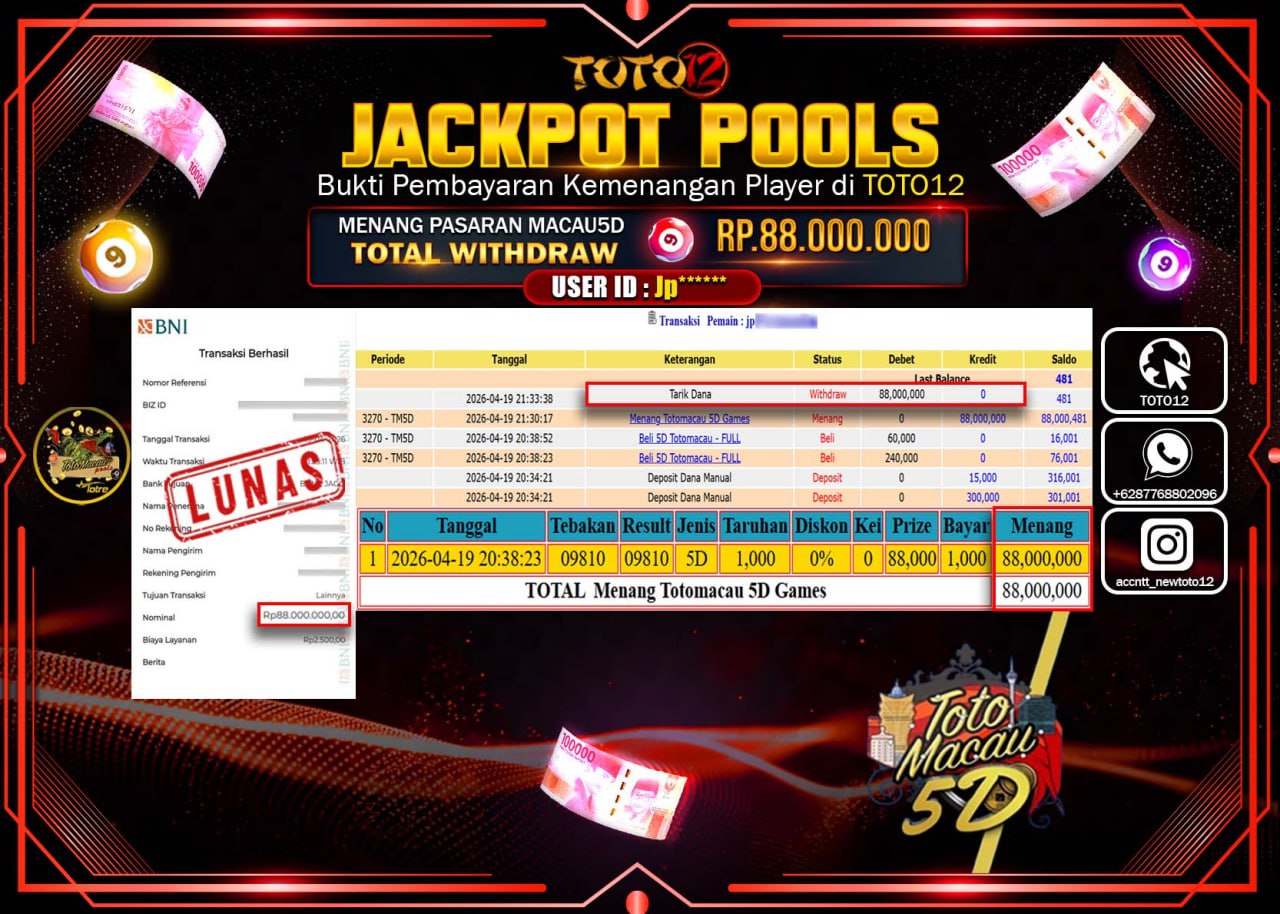 HANYA DI TOTO12 JP PASTI DI BAYAR LUNAS DAN CEPAT!!!!!! JACKPOT POOLS PASARAN(MACAU 5D) Rp.88.000.000!!!!