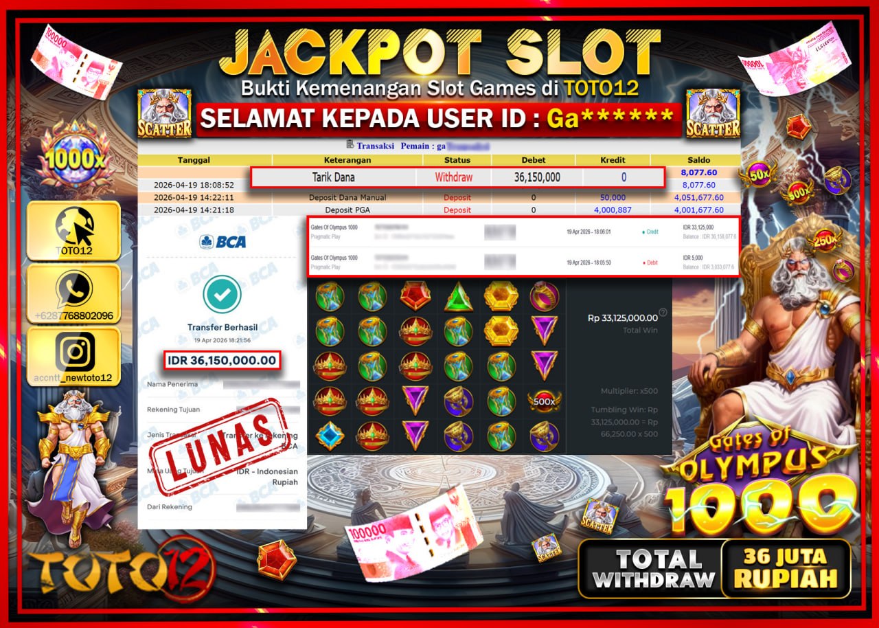 HANYA DI TOTO12 JP PASTI DI BAYAR LUNAS DAN CEPAT!!!!!! JACKPOT SLOT GAME (GATES OF OLYMPUS 1000) Rp.36.150.000!!!!