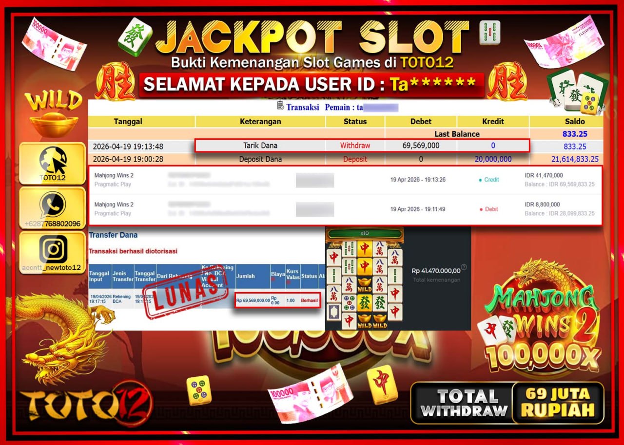 HANYA DI TOTO12 JP PASTI DI BAYAR LUNAS DAN CEPAT!!!!!! JACKPOT SLOT GAME (MAHJONG WINS 2) Rp.69.569.000!!!!