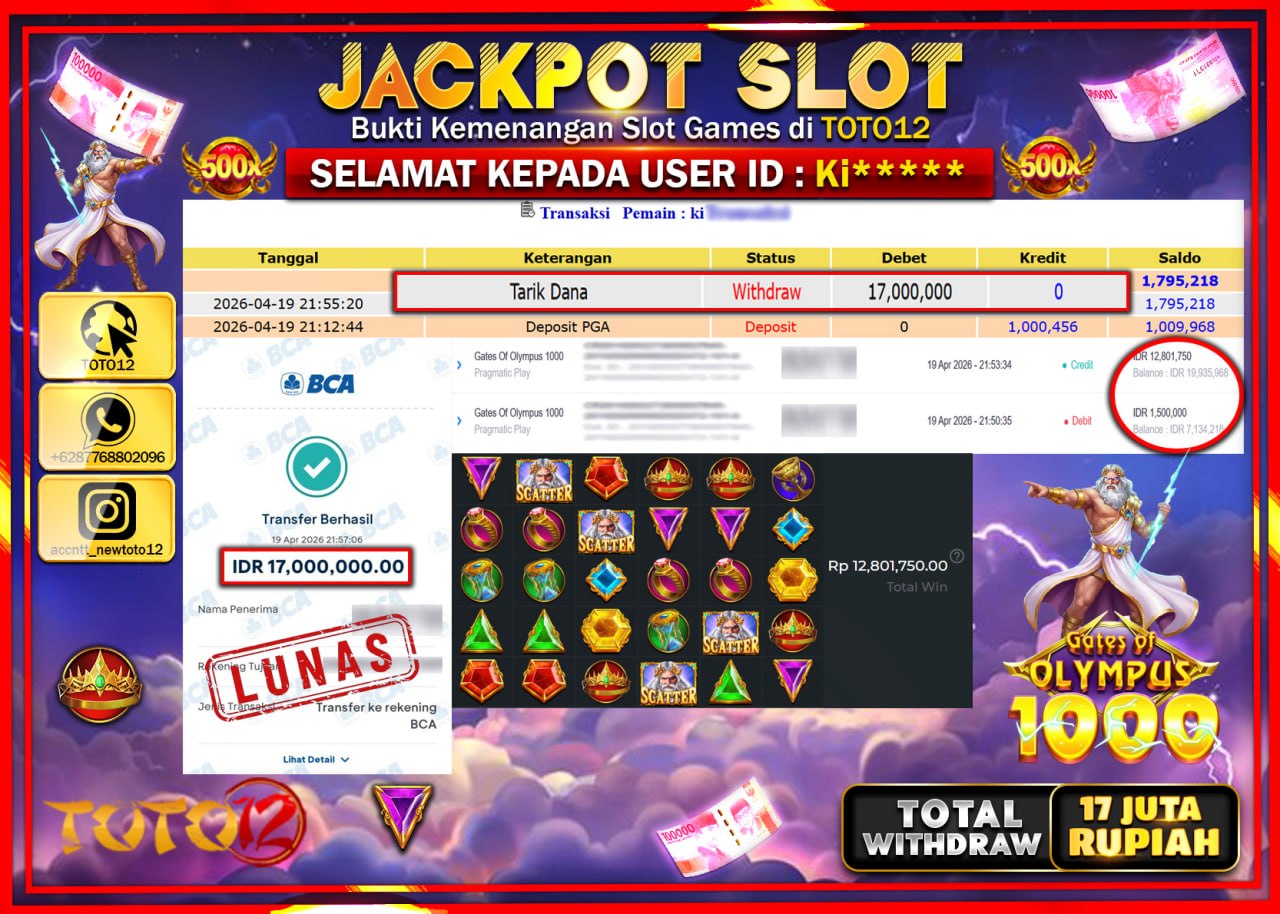 HANYA DI TOTO12 JP PASTI DI BAYAR LUNAS DAN CEPAT!!!!!! JACKPOT SLOT GAME (GATES OLYMPUS 1000) Rp.17.000.000!!!!