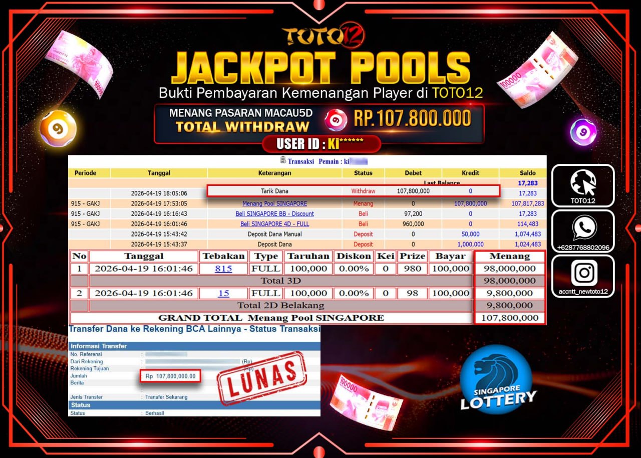 HANYA DI TOTO12 JP PASTI DI BAYAR LUNAS DAN CEPAT!!!!!! JACKPOT POOLS PASARAN(MACAU 5D) Rp.107.800.000!!!!