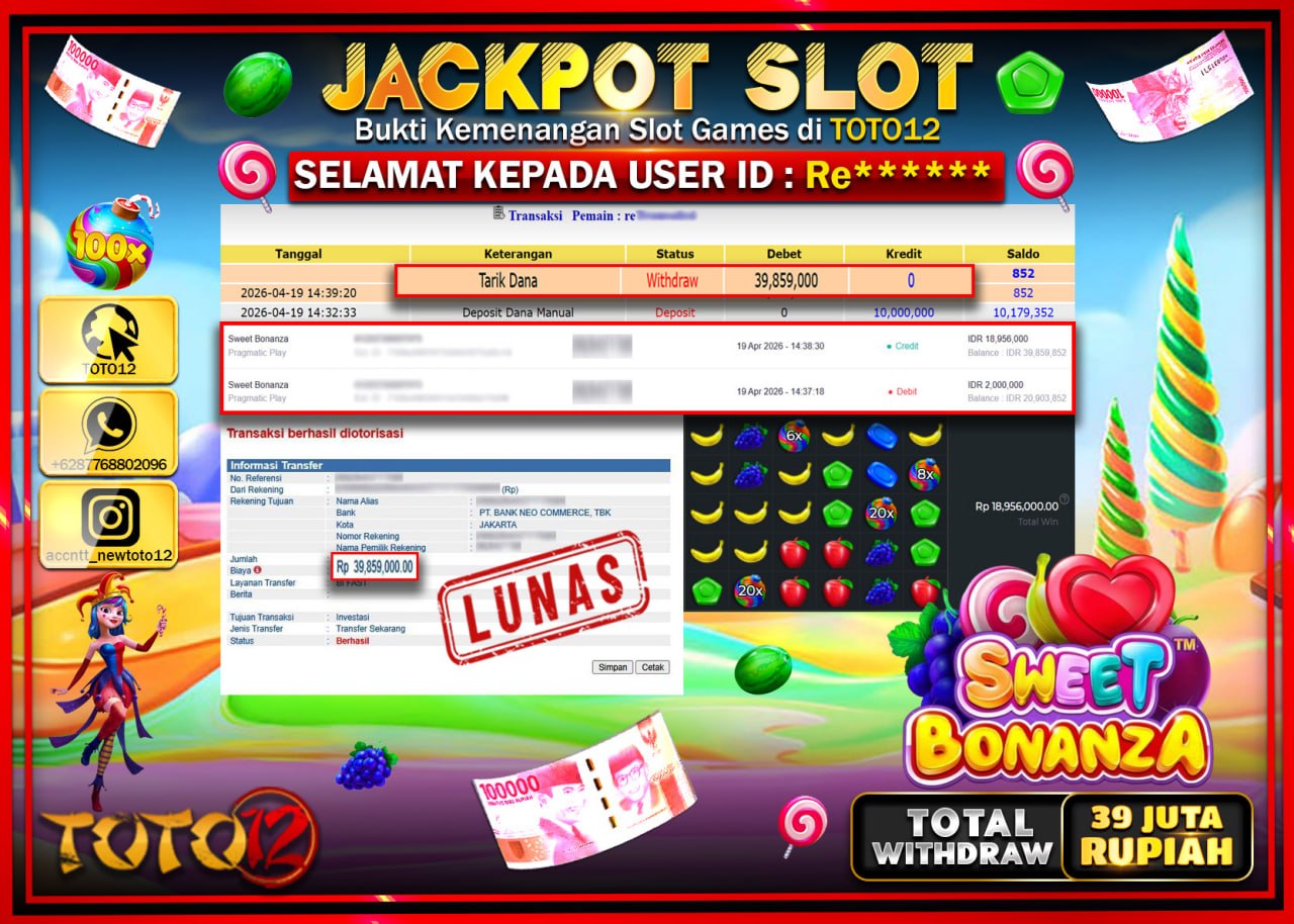 HANYA DI TOTO12 JP PASTI DI BAYAR LUNAS DAN CEPAT!!!!!! JACKPOT SLOT GAME (SWEET BONANZA) Rp.39.859.000!!!!