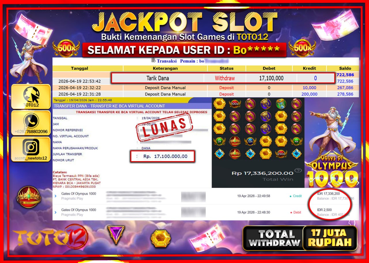HANYA DI TOTO12 JP PASTI DI BAYAR LUNAS DAN CEPAT!!!!!! JACKPOT SLOT GAME (GATES OF OLYMPUS 1000) Rp.17.100.000!!!!