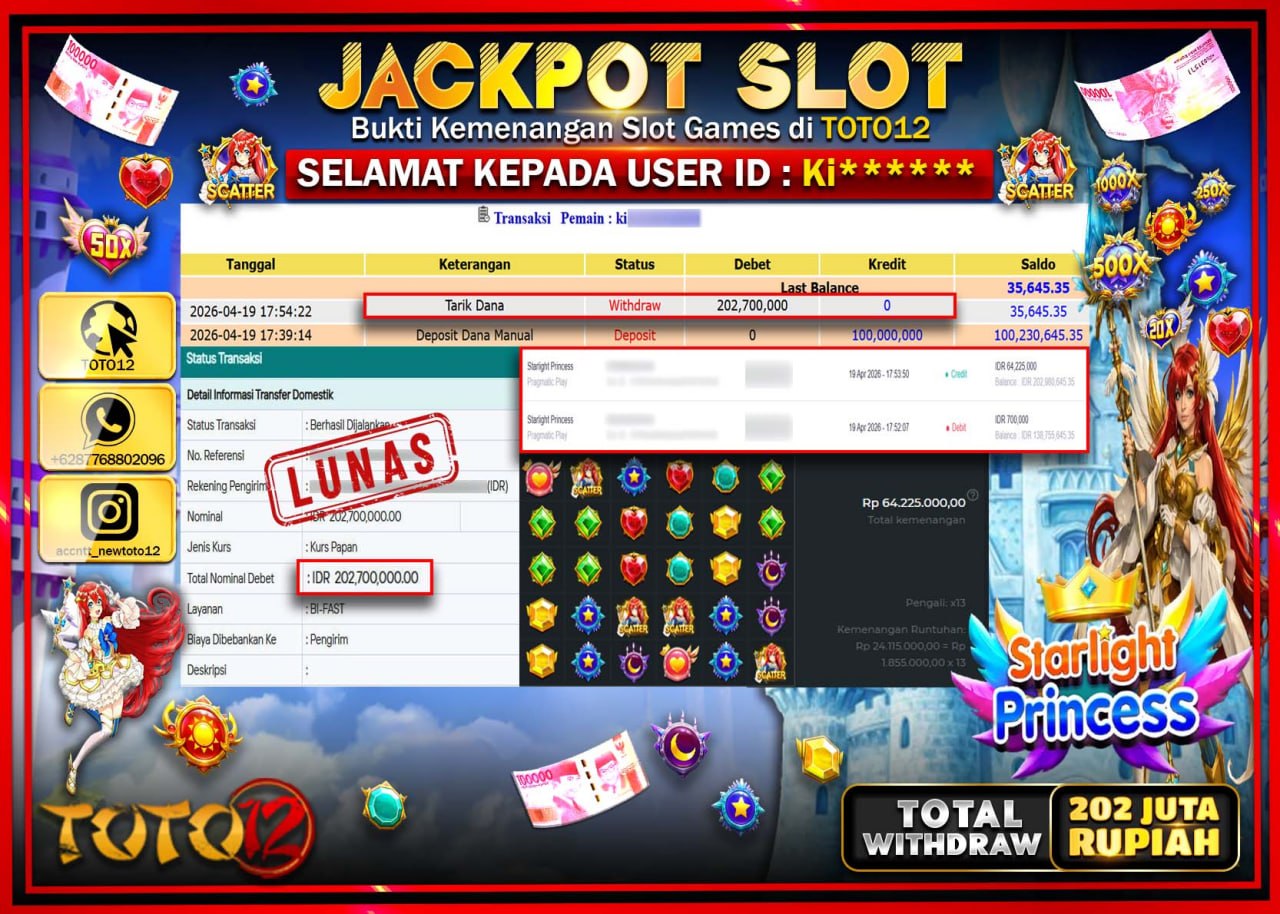 HANYA DI TOTO12 JP PASTI DI BAYAR LUNAS DAN CEPAT!!!!!! JACKPOT SLOT GAME (STARLIGHT PRINCESS ) Rp.202.700.000!!!!