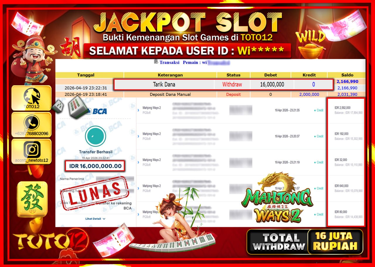 HANYA DI TOTO12 JP PASTI DI BAYAR LUNAS DAN CEPAT!!!!!! JACKPOT SLOT GAME (MAHJONG WAYS 2) Rp.16.000.000!!!!