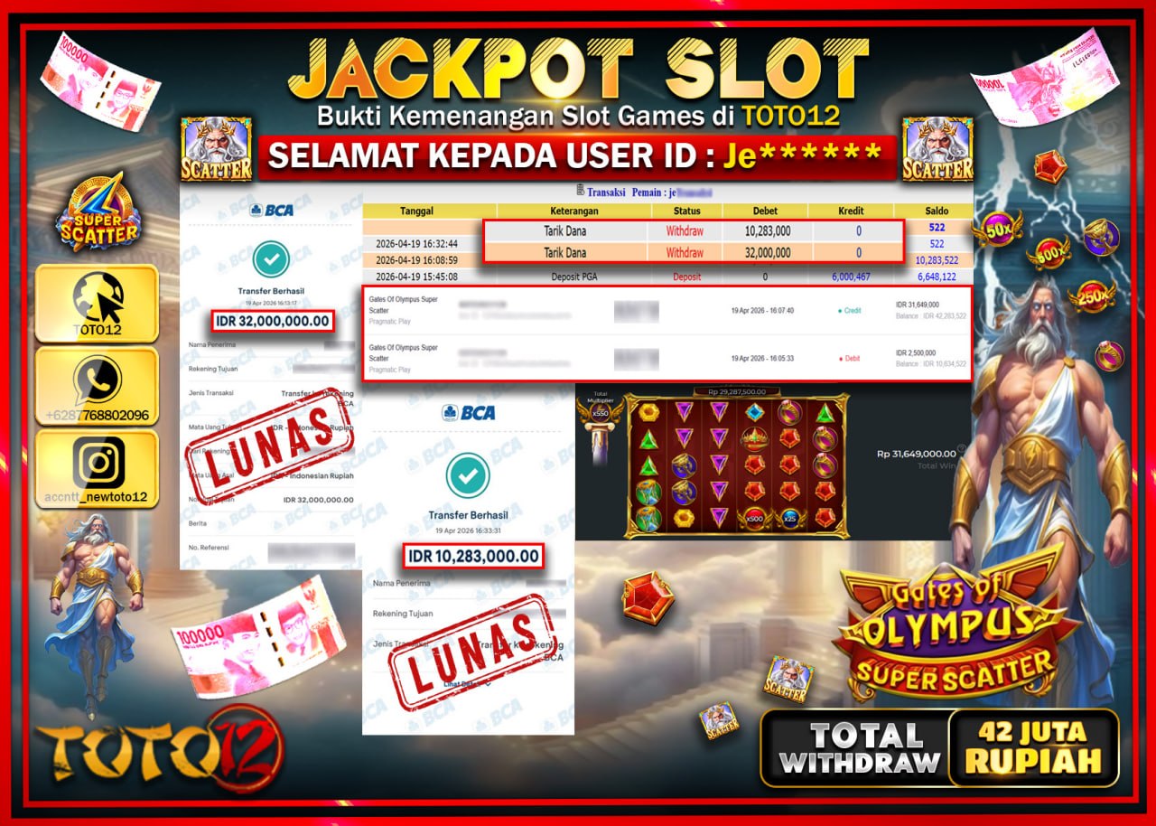 HANYA DI TOTO12 JP PASTI DI BAYAR LUNAS DAN CEPAT!!!!!! JACKPOT SLOT GAME (GATES OF OLYMPUS SUPER SCATTER) Rp.42.283.000!!!!