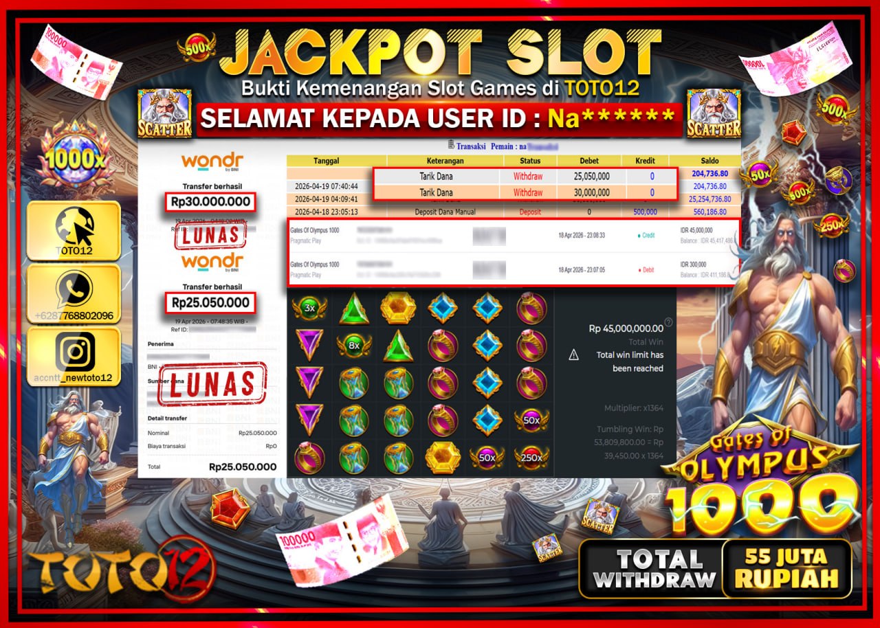 HANYA DI TOTO12 JP PASTI DI BAYAR LUNAS DAN CEPAT!!!!!! JACKPOT SLOT GAME (GATES OF OLYMPUS 1000) Rp.55.050.000!!!!