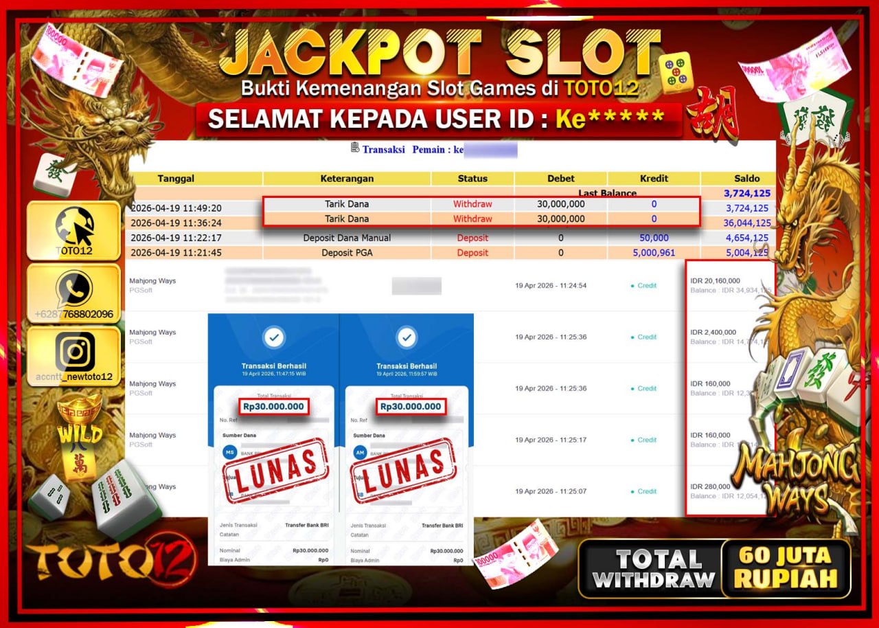 HANYA DI TOTO12 JP PASTI DI BAYAR LUNAS DAN CEPAT!!!!!! JACKPOT SLOT GAME (MAHJONG WAYS) Rp.60.000.000!!!!
