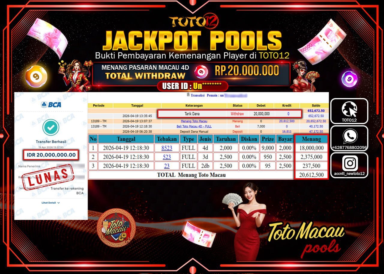 HANYA DI TOTO12 JP PASTI DI BAYAR LUNAS DAN CEPAT!!!!!! JACKPOT POOLS PASARAN(MACAU 4D) Rp.20.000.000!!!!