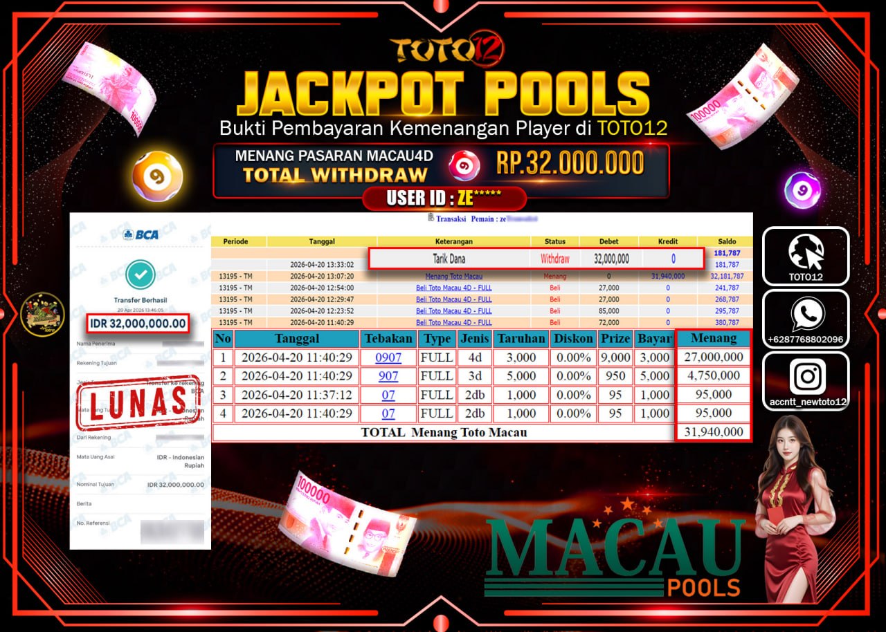 HANYA DI TOTO12 JP PASTI DI BAYAR LUNAS DAN CEPAT!!!!!! JACKPOT POOLS PASARAN(MACAU 4D) Rp.32.000.000!!!!
