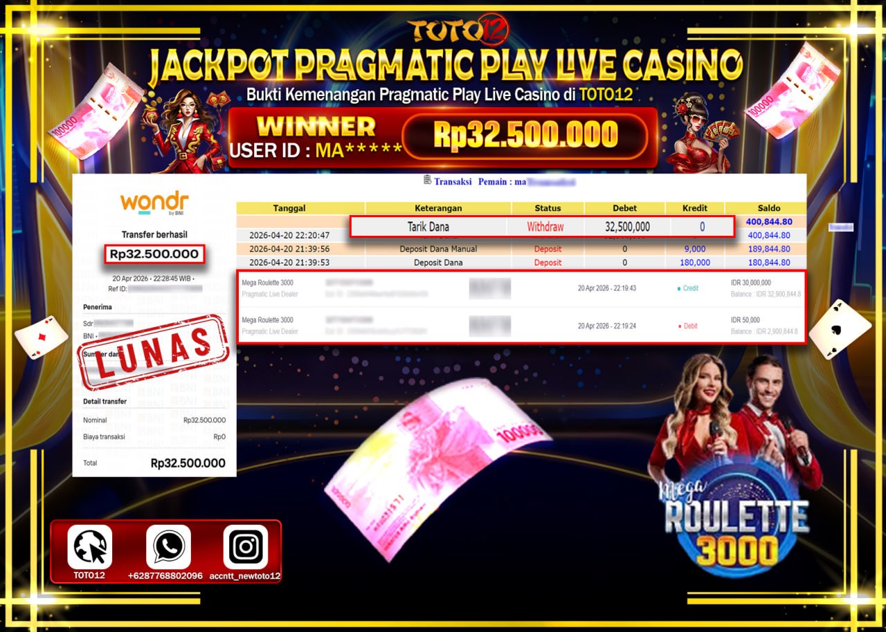 HANYA DI TOTO12 JP PASTI DI BAYAR LUNAS DAN CEPAT!!!!!! JACKPOT PRAGMATIC PLAY LIVE GAME CASINO (MEGA ROULETTE 3000) Rp.32.500.000!!!!