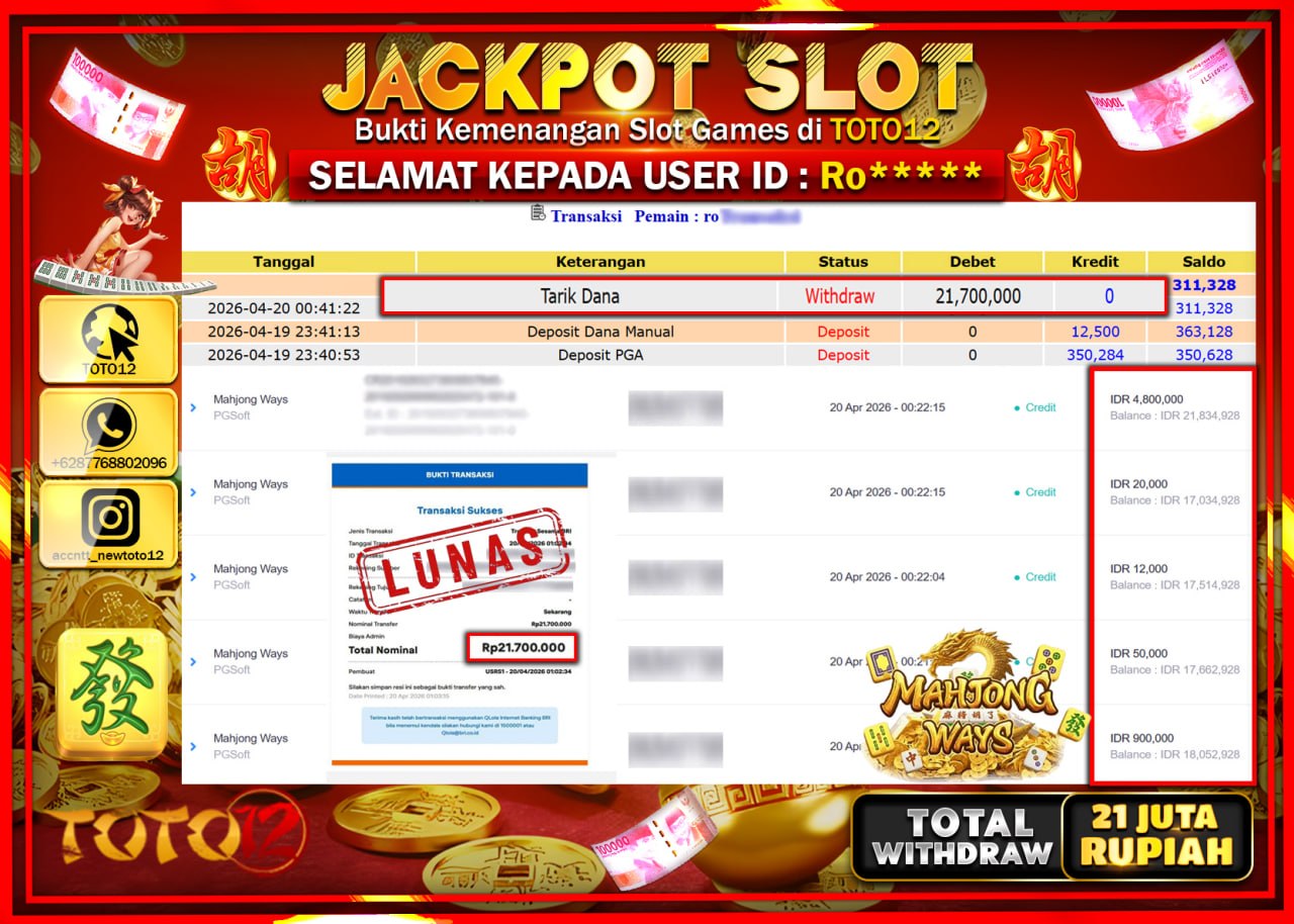 HANYA DI TOTO12 JP PASTI DI BAYAR LUNAS DAN CEPAT!!!!!! JACKPOT SLOT GAME (MAHJONG WAYS) Rp.21.700.000!!!!