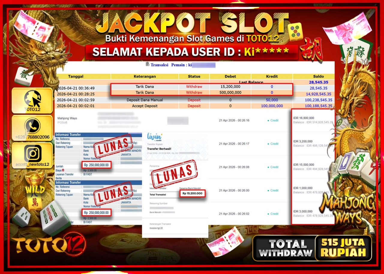 HANYA DI TOTO12 JP PASTI DI BAYAR LUNAS DAN CEPAT!!!!!! JACKPOT SLOT GAME (MAHJONG WAYS) Rp.515.200.000!!!!