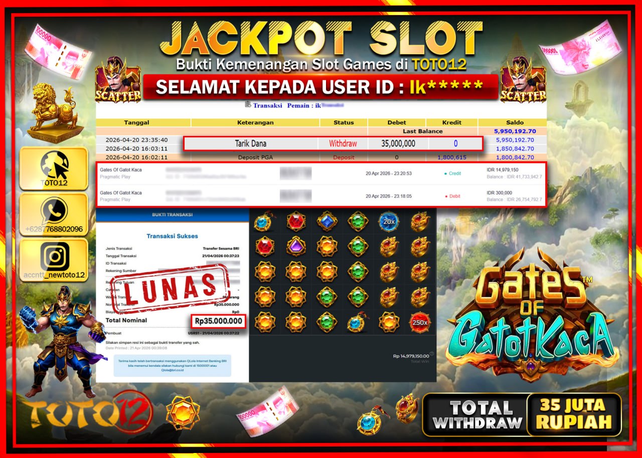HANYA DI TOTO12 JP PASTI DI BAYAR LUNAS DAN CEPAT!!!!!! JACKPOT SLOT GAME (GATES OF GATOTKACA) Rp.35.000.000!!!!
