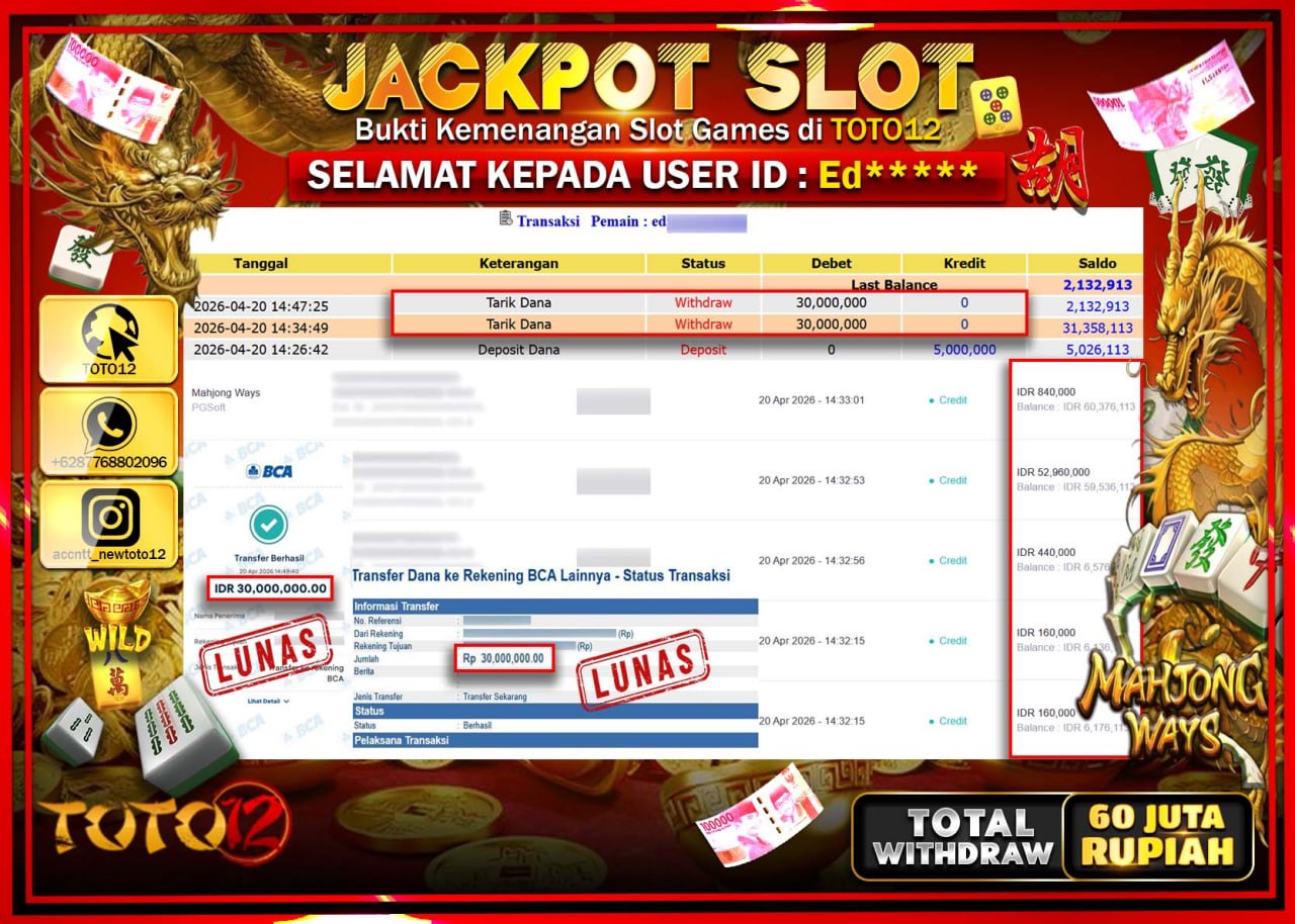 HANYA DI TOTO12 JP PASTI DI BAYAR LUNAS DAN CEPAT!!!!!! JACKPOT SLOT GAME (MAHJONG WAYS) Rp.60.000.000!!!!