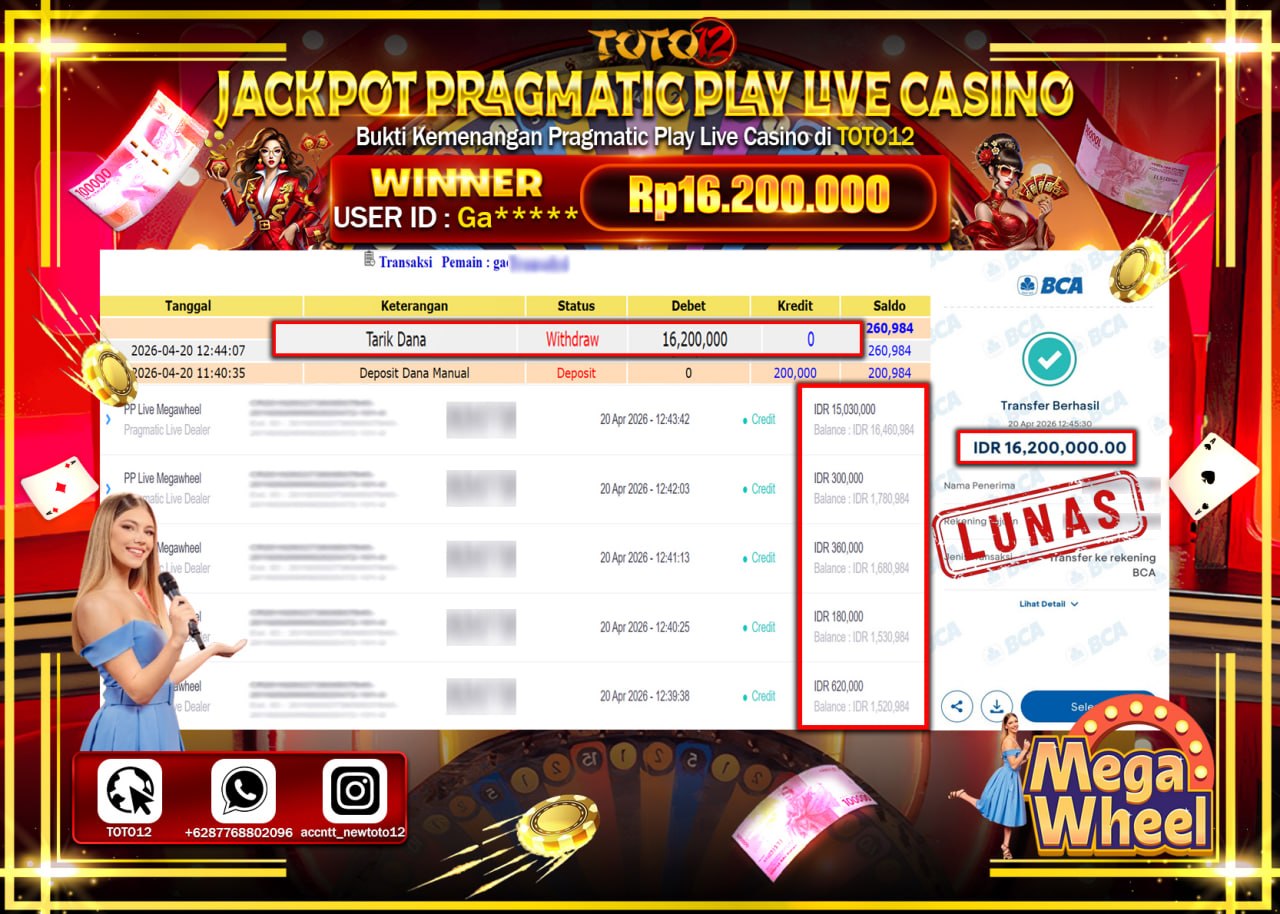 HANYA DI TOTO12 JP PASTI DI BAYAR LUNAS DAN CEPAT!!!!!! JACKPOT PRAGMATIC PLAY LIVE GAME CASINO (PP LIVE MEGA WHEEL) Rp.16.200.000!!!!