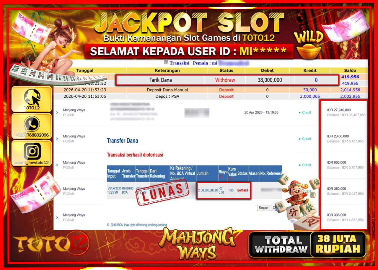 HANYA DI TOTO12 JP PASTI DI BAYAR LUNAS DAN CEPAT!!!!!! JACKPOT SLOT GAME (MAHJONG WAYS) Rp.38.000.000!!!!