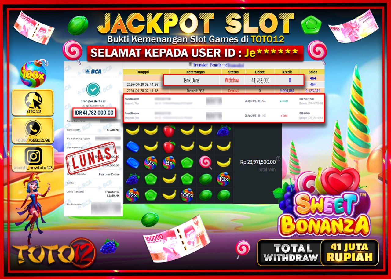 HANYA DI TOTO12 JP PASTI DI BAYAR LUNAS DAN CEPAT!!!!!! JACKPOT SLOT GAME (SWEET BONANZA) Rp.41.782.000!!!!