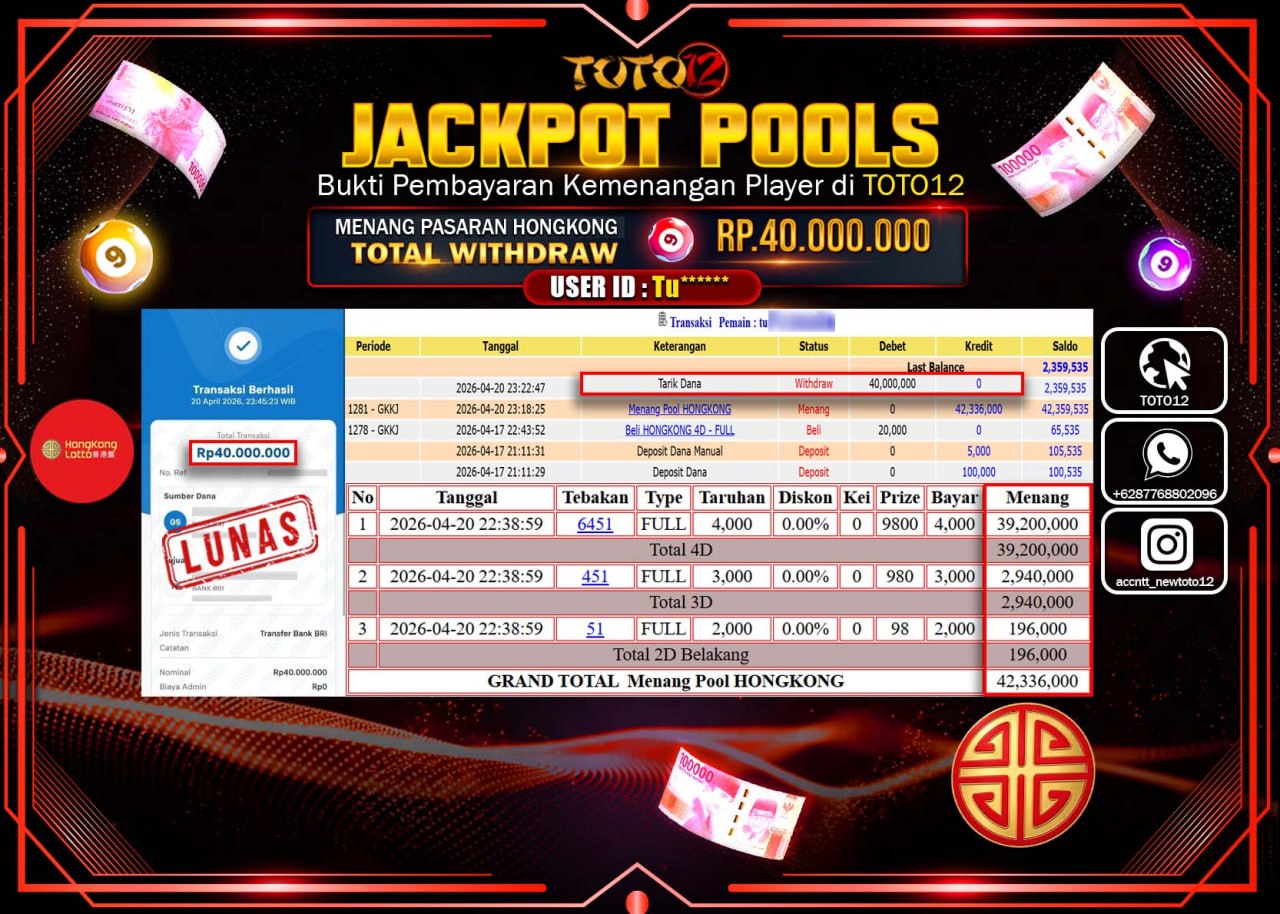 HANYA DI TOTO12 JP PASTI DI BAYAR LUNAS DAN CEPAT!!!!!! JACKPOT POOLS PASARAN( HONGKONG ) Rp.40.000.000!!!!
