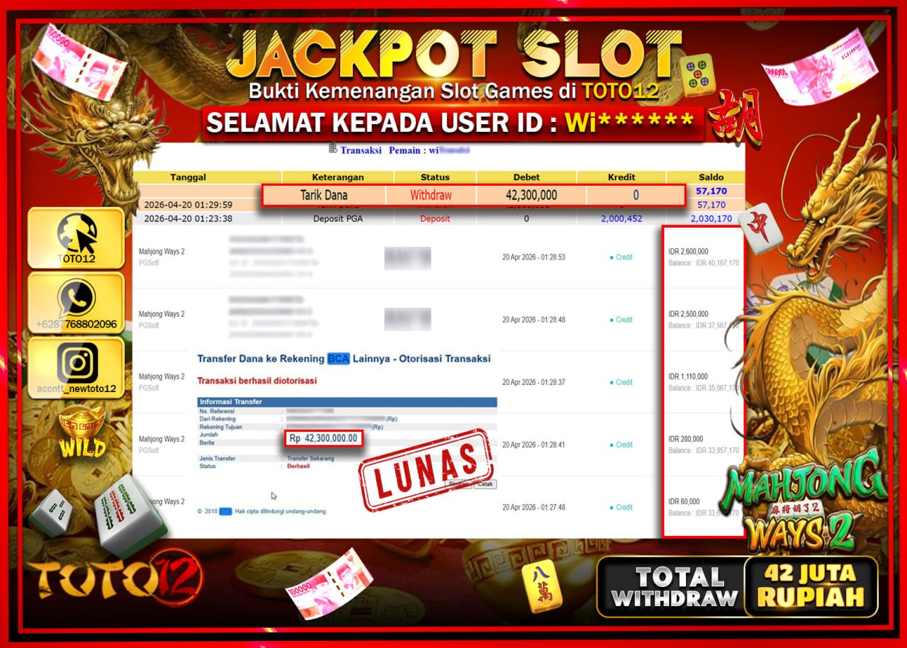 HANYA DI TOTO12 JP PASTI DI BAYAR LUNAS DAN CEPAT!!!!!! JACKPOT SLOT GAME (MAHJONG WAYS 2) Rp.42.300.000!!!!