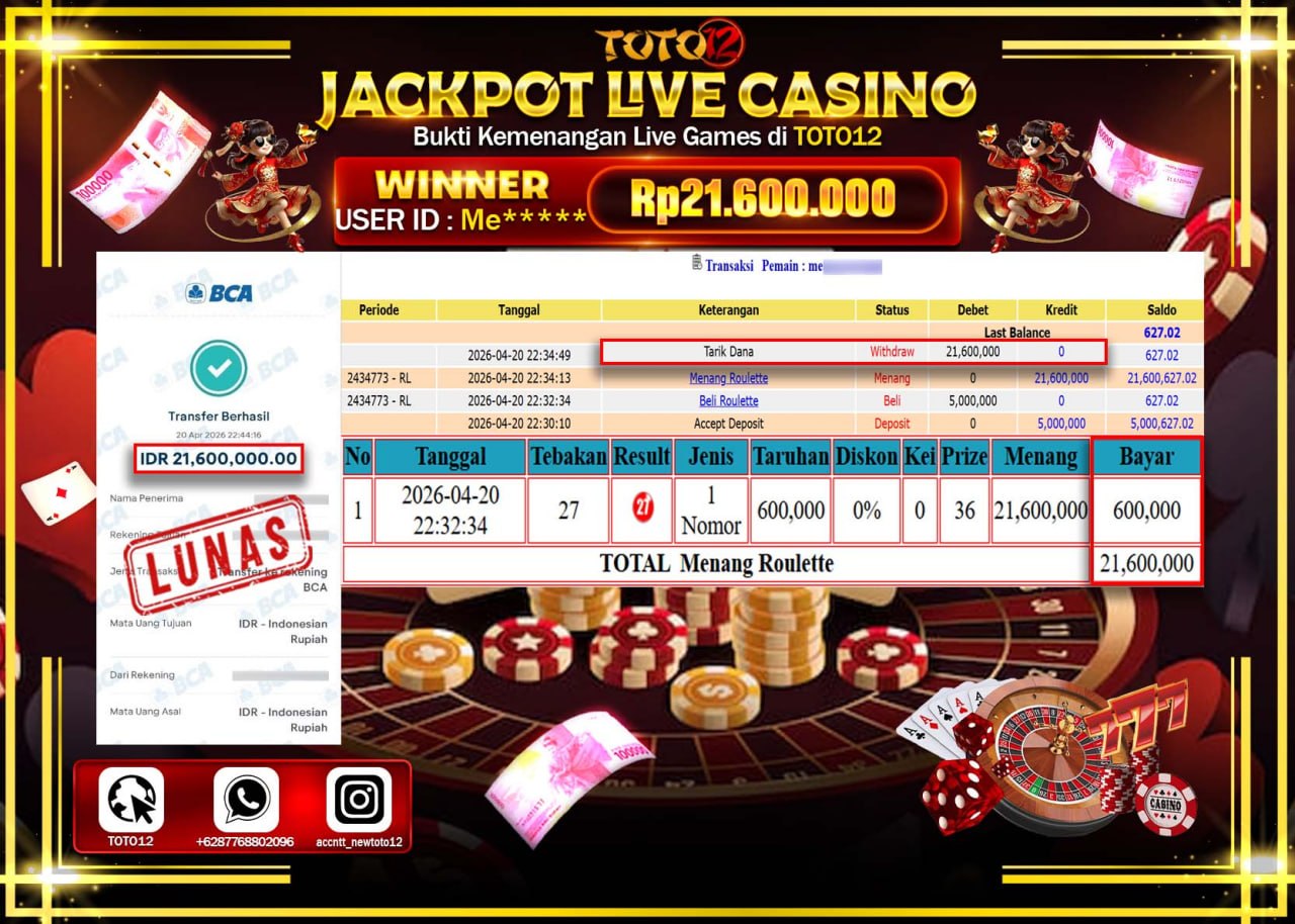 HANYA DI TOTO12 JP PASTI DI BAYAR LUNAS DAN CEPAT!!!!!! JACKPOT LIVE GAMES CASINO (ROULETTE) Rp.21.600.000!!!!