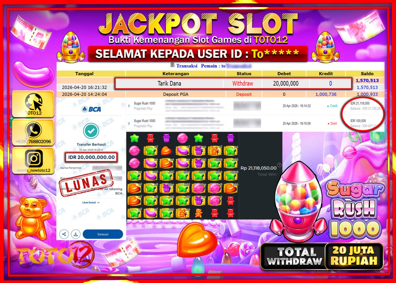 HANYA DI TOTO12 JP PASTI DI BAYAR LUNAS DAN CEPAT!!!!!! JACKPOT SLOT GAME (SUGAR RUSH 1000) Rp.20.000.000!!!!