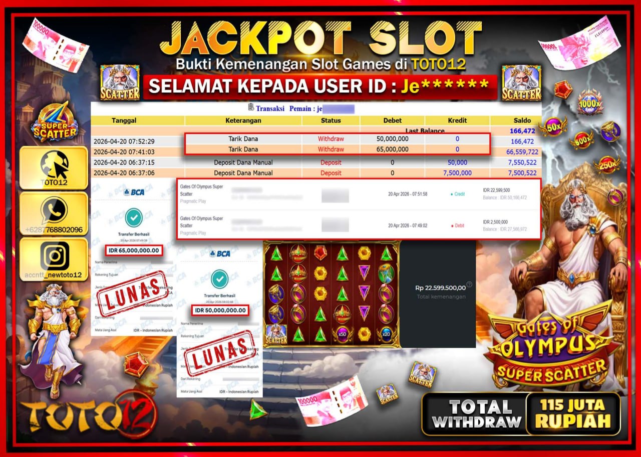HANYA DI TOTO12 JP PASTI DI BAYAR LUNAS DAN CEPAT!!!!!! JACKPOT SLOT GAME (GATES OF OLYMPUS SUPER SCATTER) Rp.115.000.000!!!!