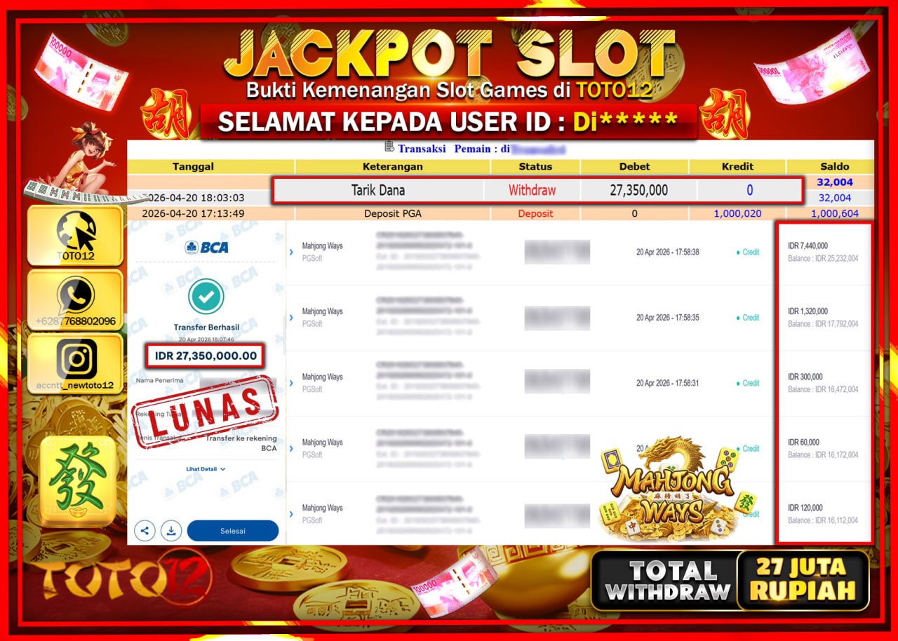 HANYA DI TOTO12 JP PASTI DI BAYAR LUNAS DAN CEPAT!!!!!! JACKPOT SLOT GAME (MAHJONG WAYS) Rp.27.350.000!!!!