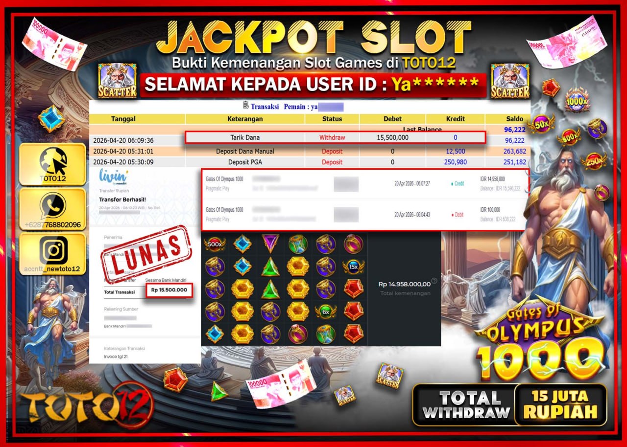 HANYA DI TOTO12 JP PASTI DI BAYAR LUNAS DAN CEPAT!!!!!! JACKPOT SLOT GAME (GATES OF OLYMPUS 1000) Rp.15.500.000!!!!