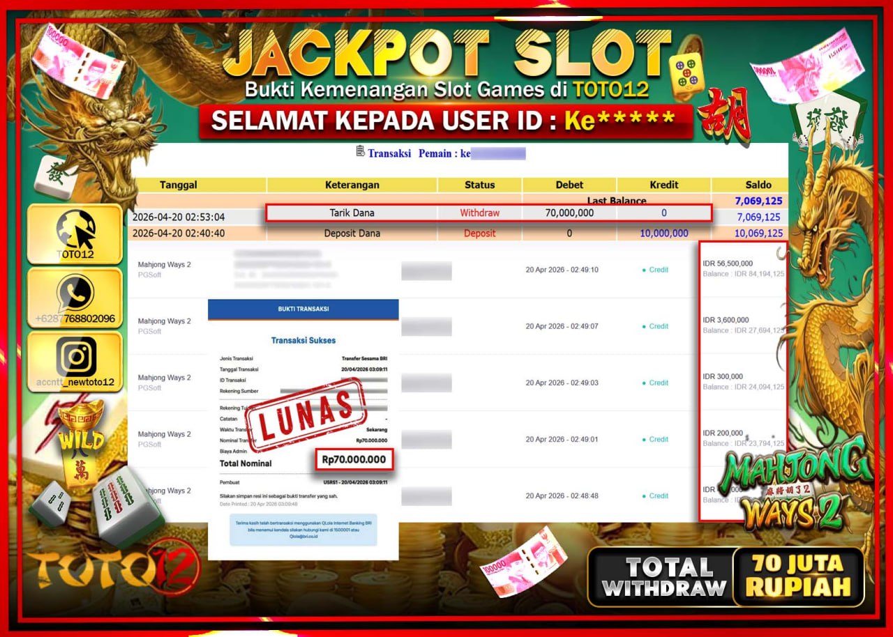 HANYA DI TOTO12 JP PASTI DI BAYAR LUNAS DAN CEPAT!!!!!! JACKPOT SLOT GAME (MAHJONG WAYS 2) Rp.70.000.000!!!!