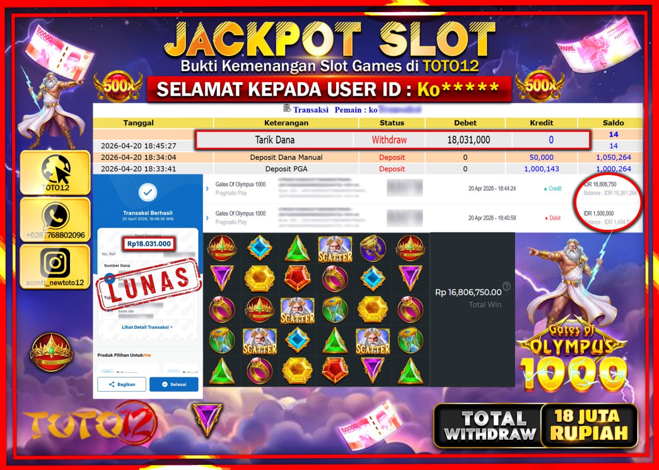 HANYA DI TOTO12 JP PASTI DI BAYAR LUNAS DAN CEPAT!!!!!! JACKPOT SLOT GAME (GATES OF OLYMPUS 1000) Rp.18.031.000!!!!