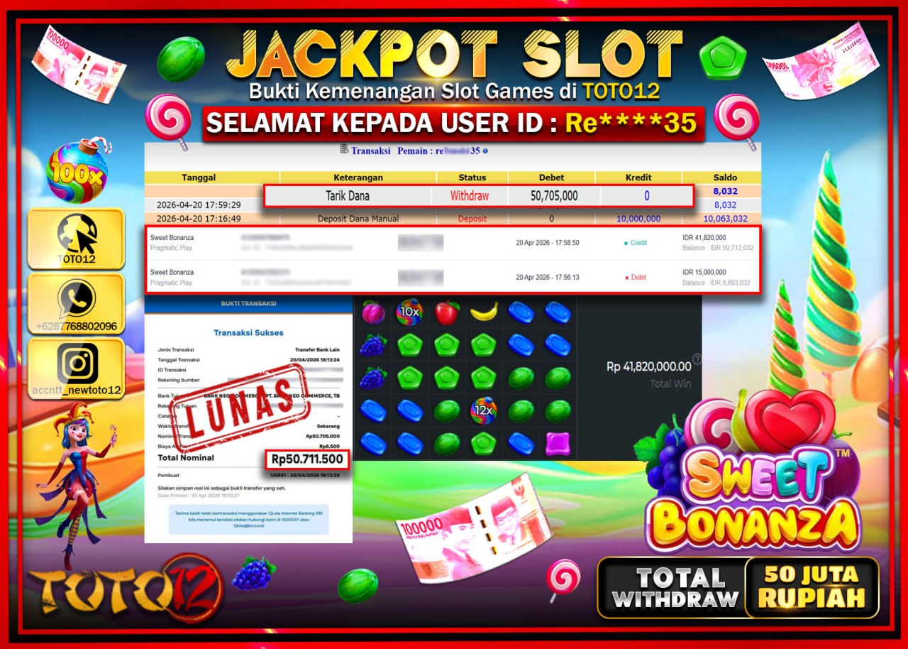 HANYA DI TOTO12 JP PASTI DI BAYAR LUNAS DAN CEPAT!!!!!! JACKPOT SLOT GAME (SWEET BONANZA) Rp.50.705.000!!!!