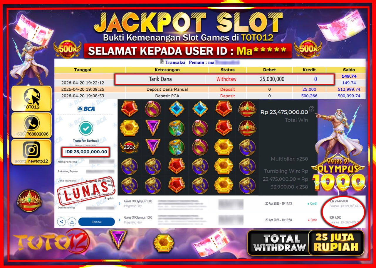 HANYA DI TOTO12 JP PASTI DI BAYAR LUNAS DAN CEPAT!!!!!! JACKPOT SLOT GAME (GATES OF OLYMPUS 1000) Rp.25.000.000!!!!