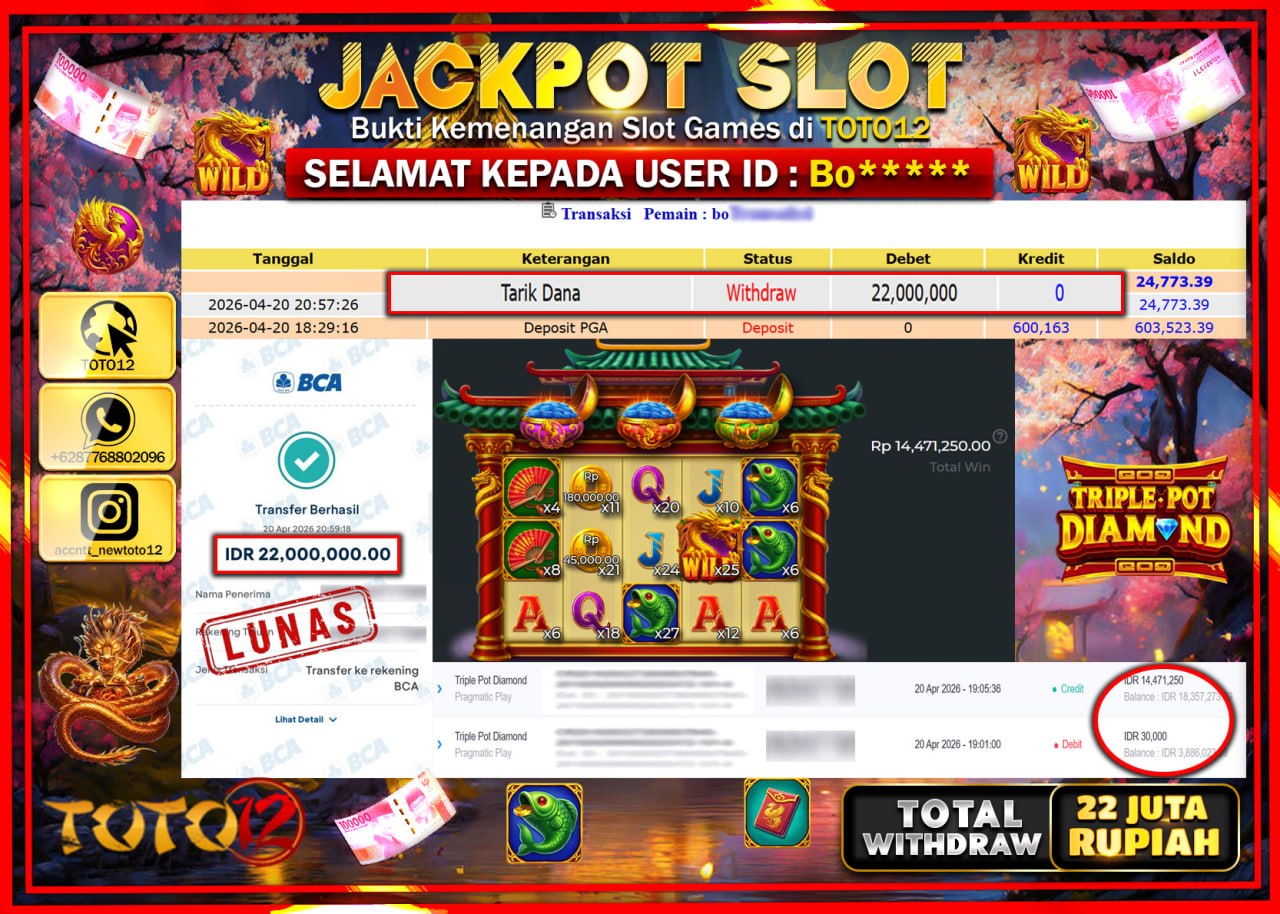 HANYA DI TOTO12 JP PASTI DI BAYAR LUNAS DAN CEPAT!!!!!! JACKPOT SLOT GAME (TRIPLE POT DIAMOND) Rp.22.000.000!!!!