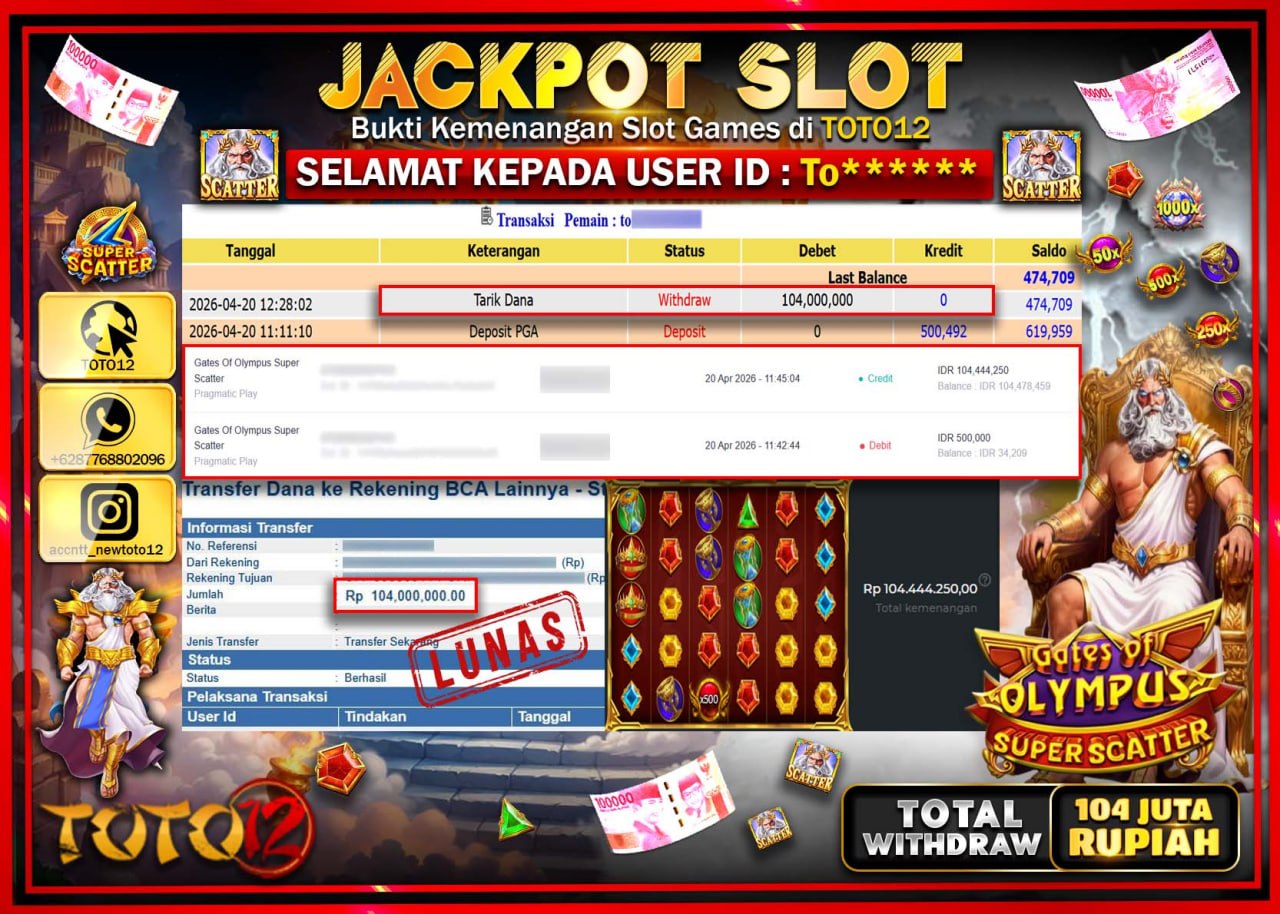 HANYA DI TOTO12 JP PASTI DI BAYAR LUNAS DAN CEPAT!!!!!! JACKPOT SLOT GAME (GATES OF OLYMPUS SUPER SCATTER) Rp.104.000.000!!!!