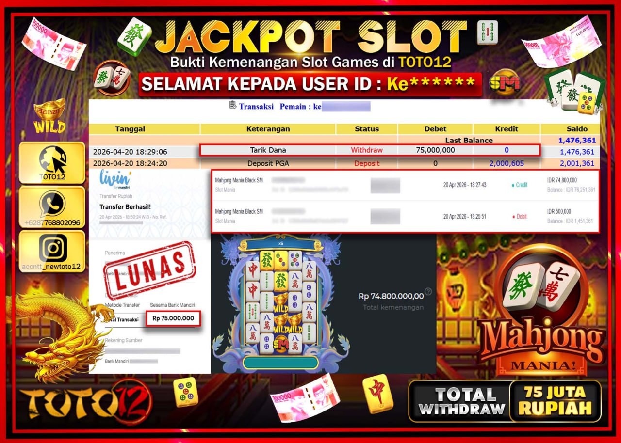 HANYA DI TOTO12 JP PASTI DI BAYAR LUNAS DAN CEPAT!!!!!! JACKPOT SLOT GAME (MAHJONG MANIA) Rp.75.000.000!!!!