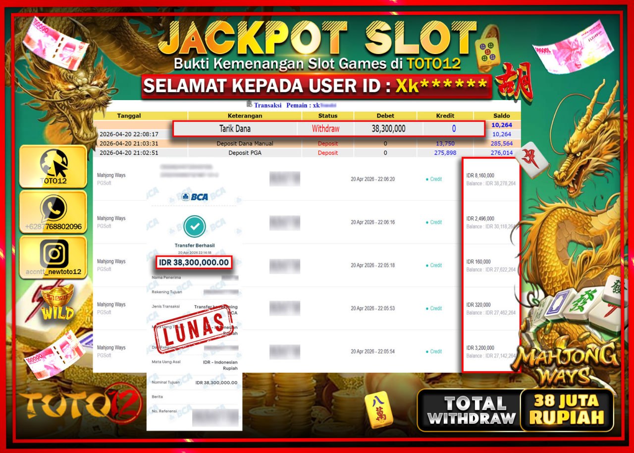 HANYA DI TOTO12 JP PASTI DI BAYAR LUNAS DAN CEPAT!!!!!! JACKPOT SLOT GAME (MAHJONG WAYS) Rp.38.300.000!!!!