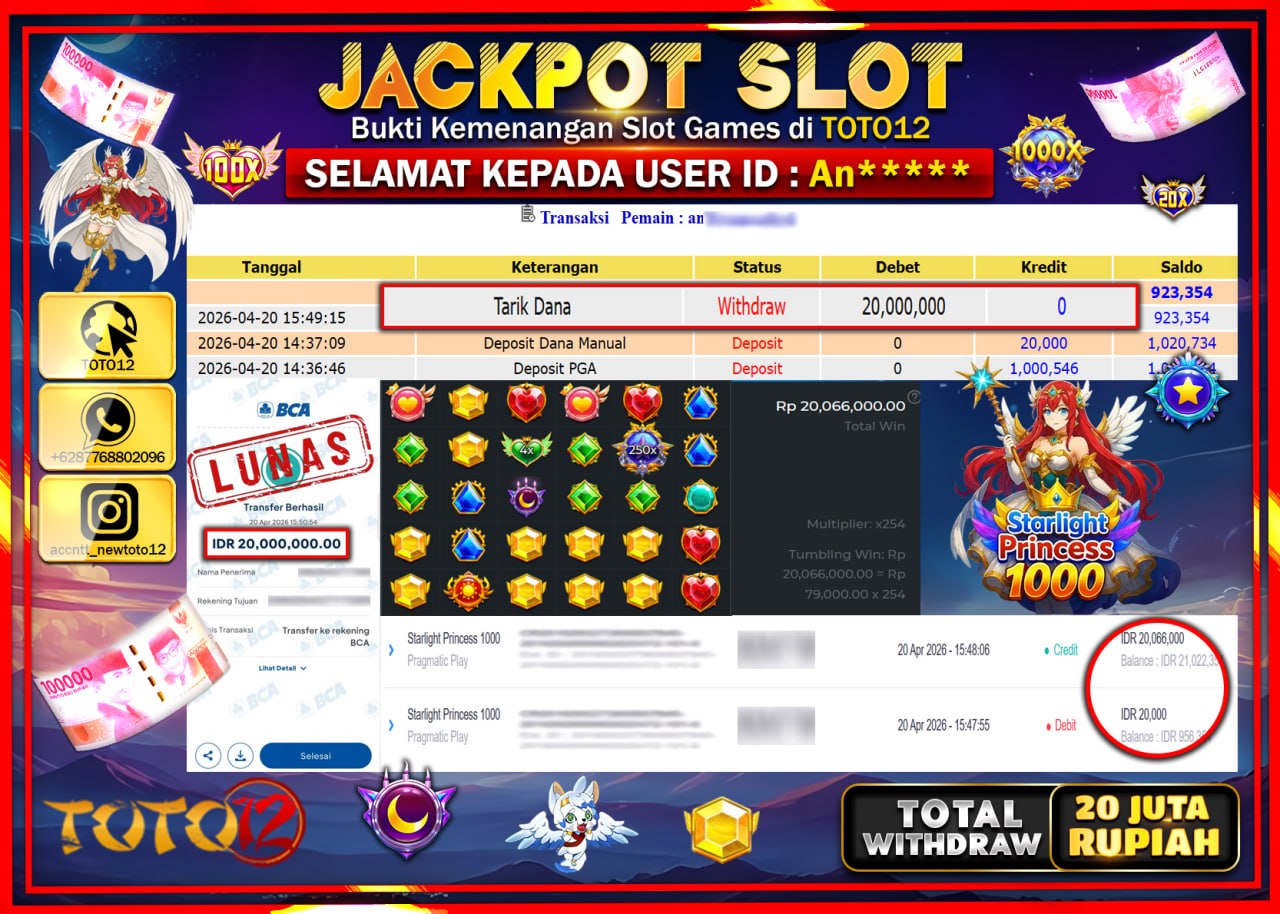 HANYA DI TOTO12 JP PASTI DI BAYAR LUNAS DAN CEPAT!!!!!! JACKPOT SLOT GAME (STARLIGHT PRINCESS 1000) Rp.20.000.000!!!!