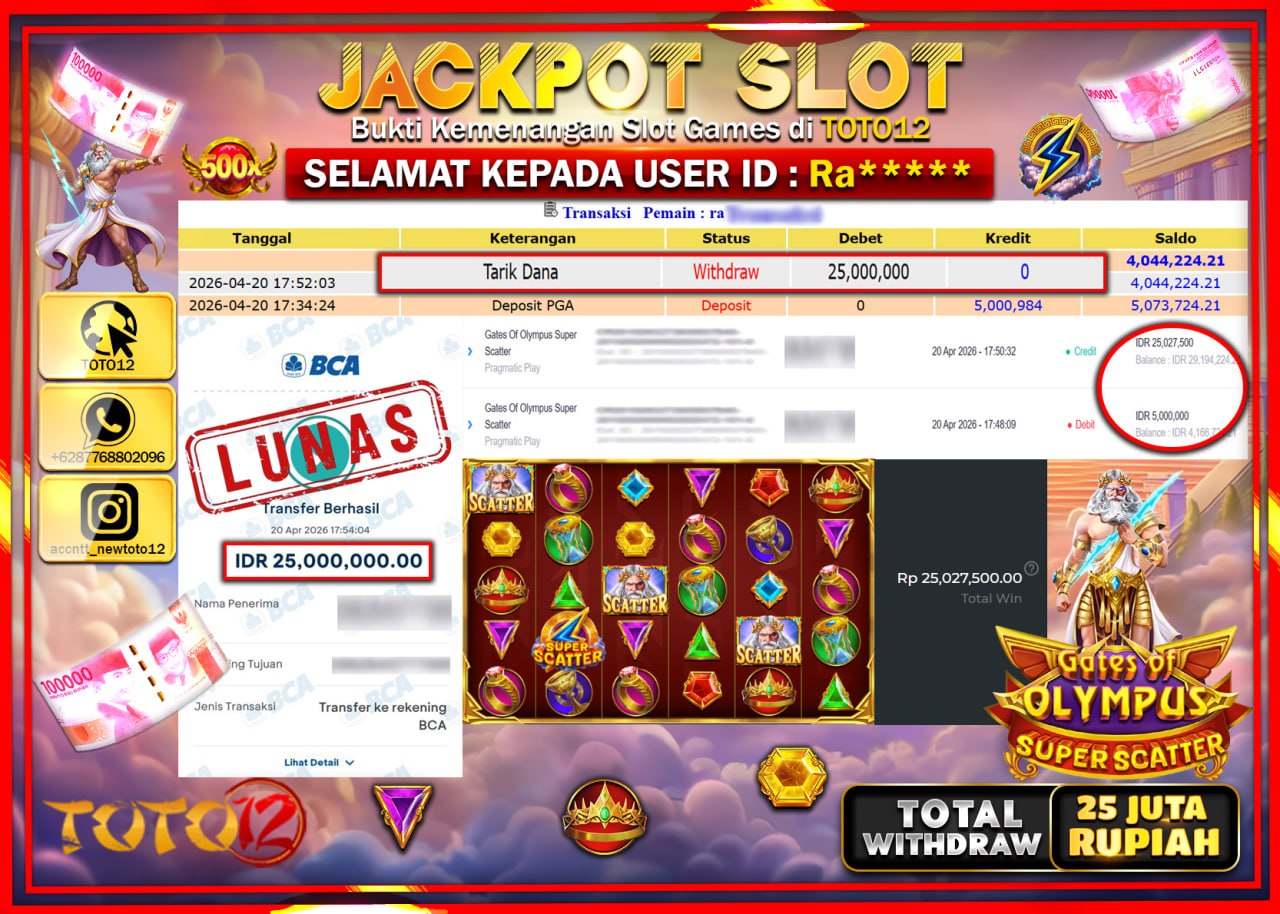 HANYA DI TOTO12 JP PASTI DI BAYAR LUNAS DAN CEPAT!!!!!! JACKPOT SLOT GAME (GATES OF OLYMPUS SUPER SCATTER) Rp.25.000.000!!!!