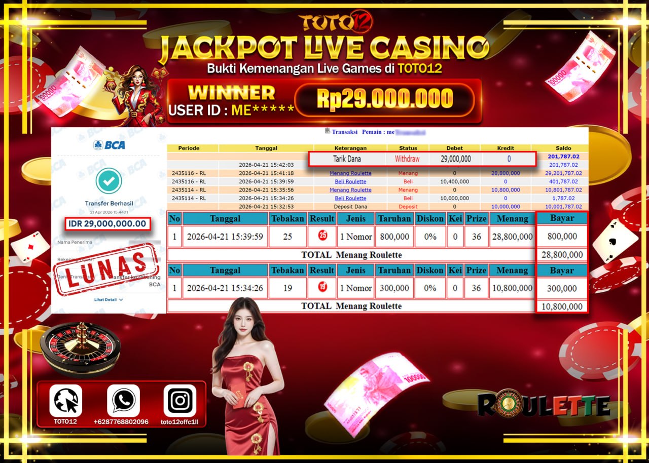 HANYA DI TOTO12 JP PASTI DI BAYAR LUNAS DAN CEPAT!!!!!! JACKPOT LIVE GAMES CASINO (ROULETTE) Rp.29.000.000!!!!
