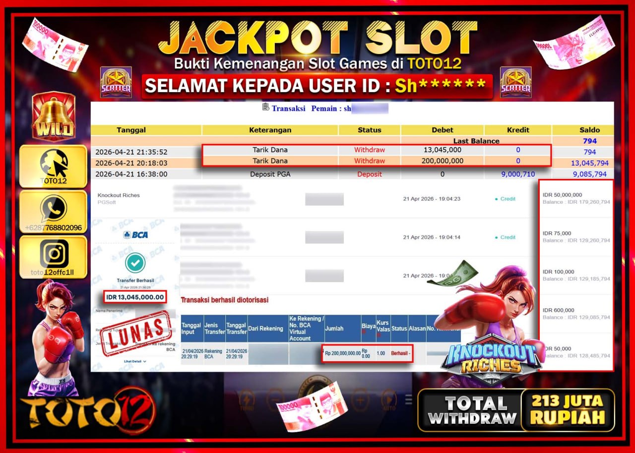 HANYA DI TOTO12 JP PASTI DI BAYAR LUNAS DAN CEPAT!!!!!! JACKPOT SLOT GAME (KNOCKOUT RICHES) Rp.213.045.000!!!!