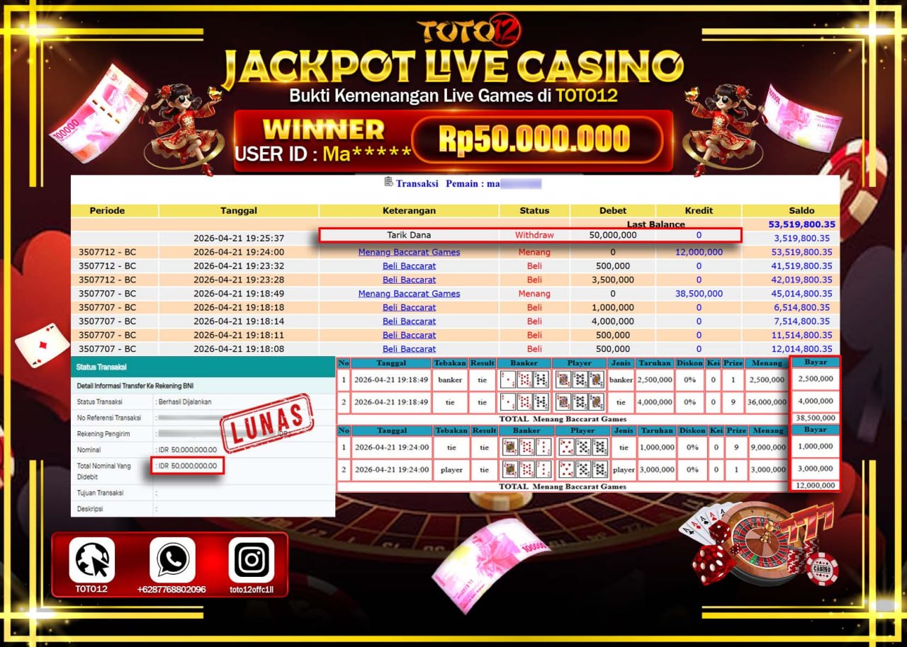 HANYA DI TOTO12 JP PASTI DI BAYAR LUNAS DAN CEPAT!!!!!! JACKPOT LIVE GAMES CASINO (BACCARAT) Rp.50.000.000!!!!