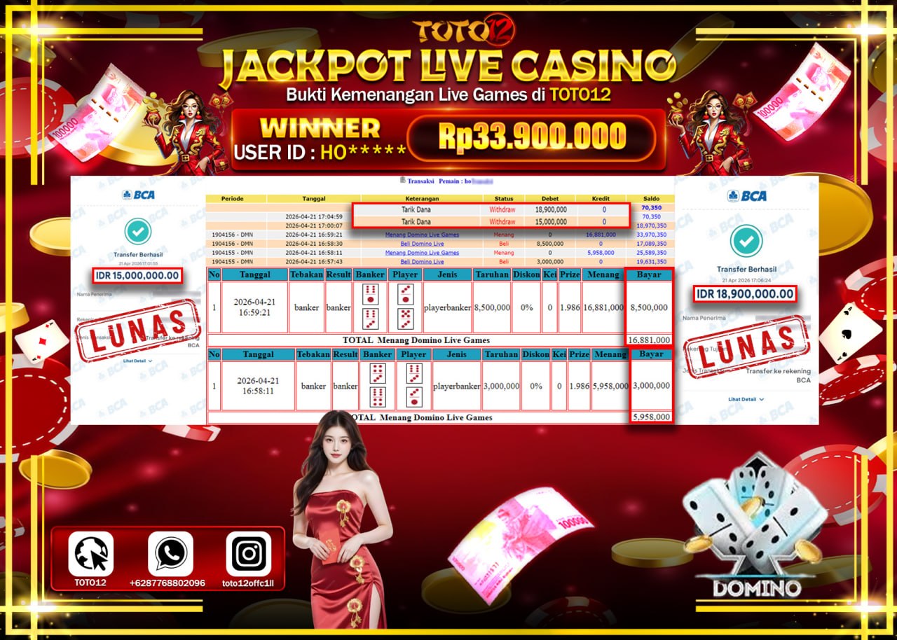 HANYA DI TOTO12 JP PASTI DI BAYAR LUNAS DAN CEPAT!!!!!! JACKPOT LIVE GAMES CASINO (DOMINO) Rp.33.900.000!!!!