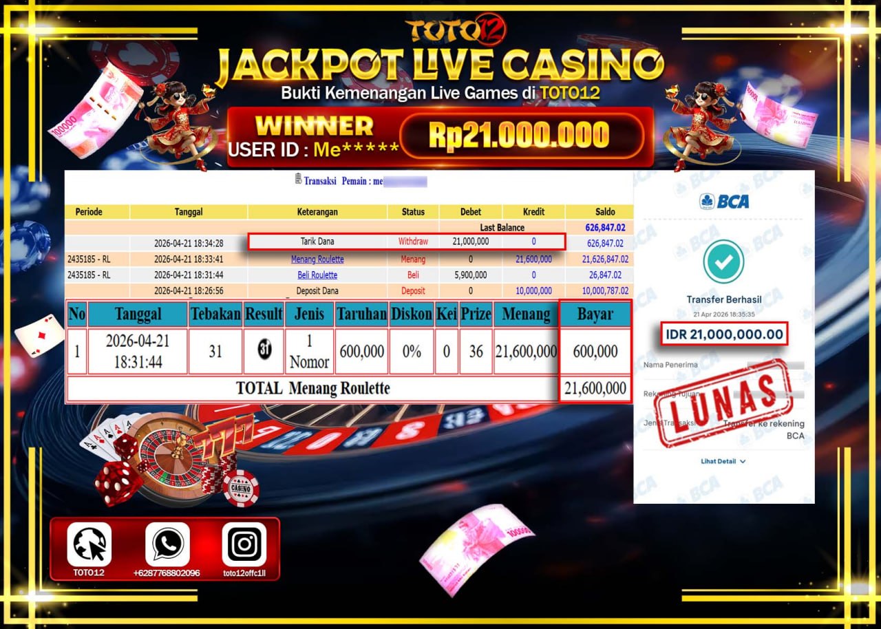 HANYA DI TOTO12 JP PASTI DI BAYAR LUNAS DAN CEPAT!!!!!! JACKPOT LIVE GAMES CASINO (ROULETTE) Rp.21.000.000!!!!