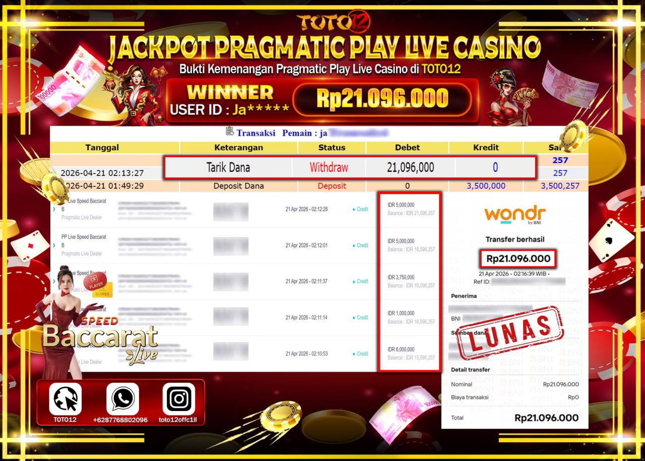 HANYA DI TOTO12 JP PASTI DI BAYAR LUNAS DAN CEPAT!!!!!! JACKPOT PRAGMATIC PLAY LIVE GAME CASINO (PP LIVE SPEED BACACARAT 8) Rp.21.096.000!!!!